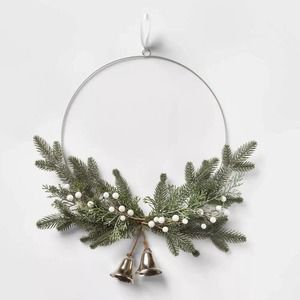 22in Unlit Silver Hoop Greenery with Bell Artificial Christmas Wreath - Wondersh